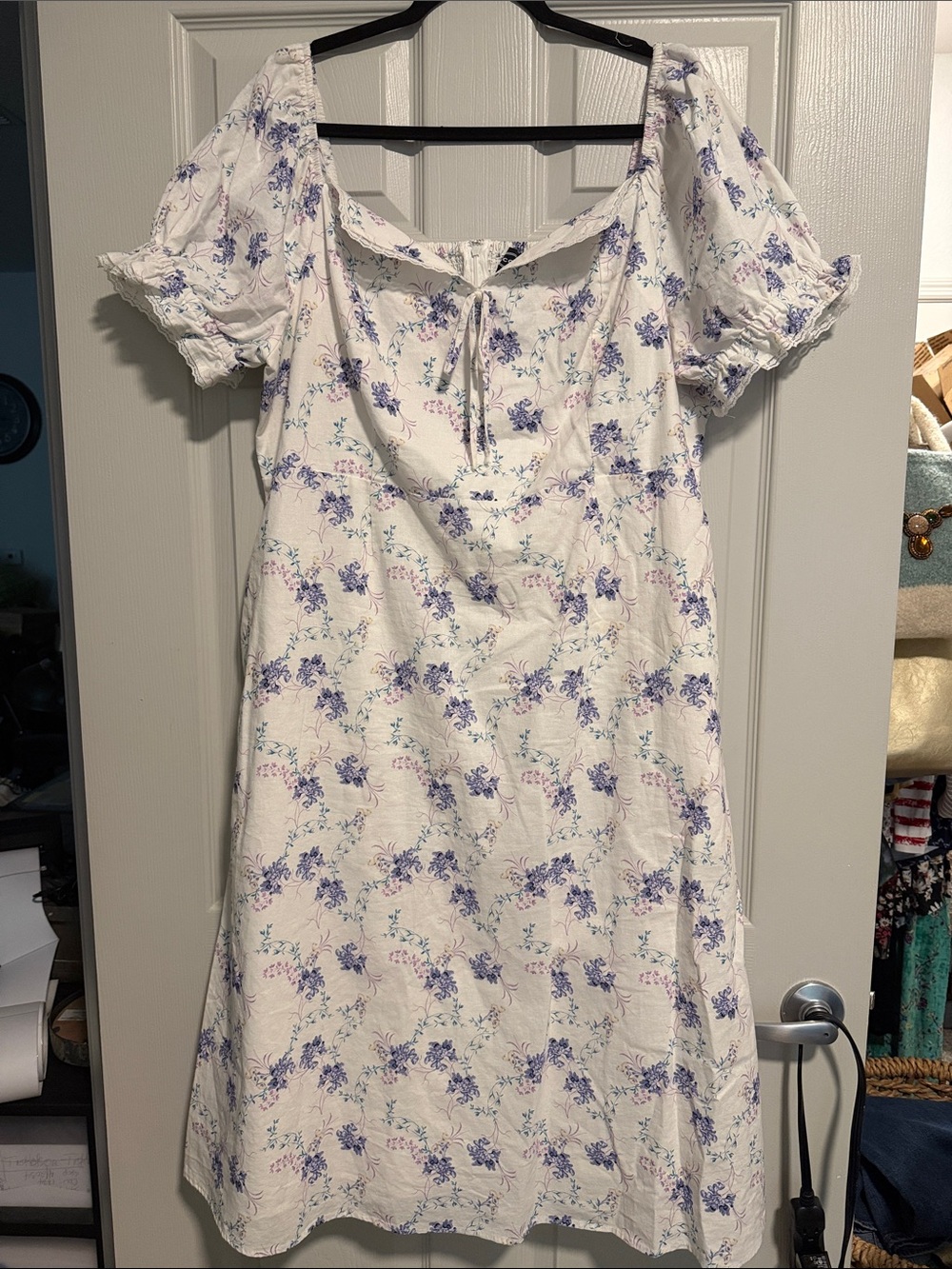 White Midi Dress with Lavender Floral Print and Puff Sleeves